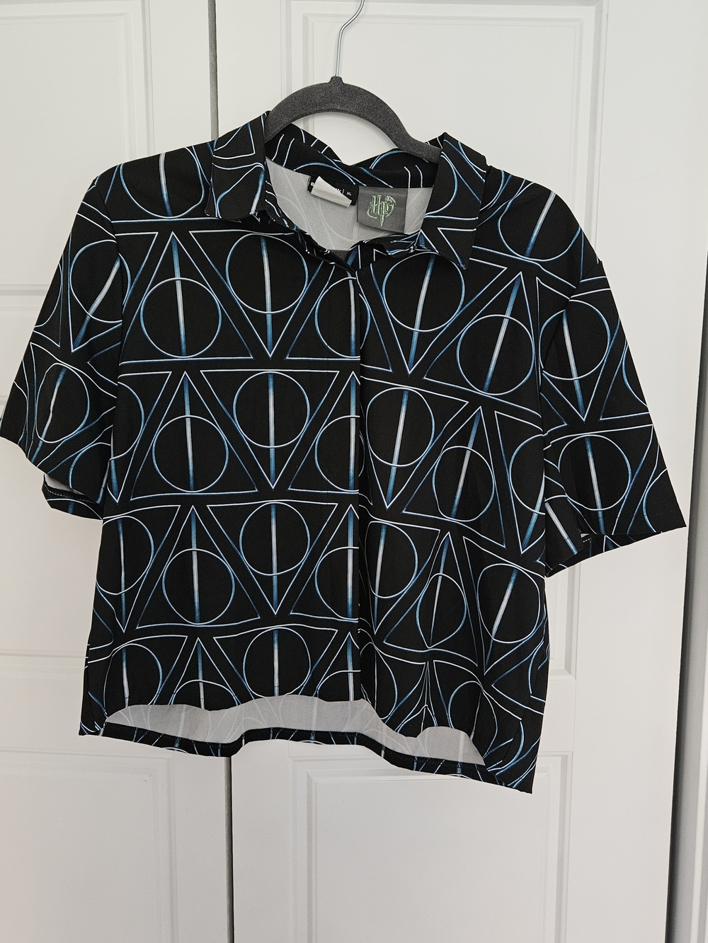 Blackmilk Black and Blue Geometric Button-Down Crop Shirt